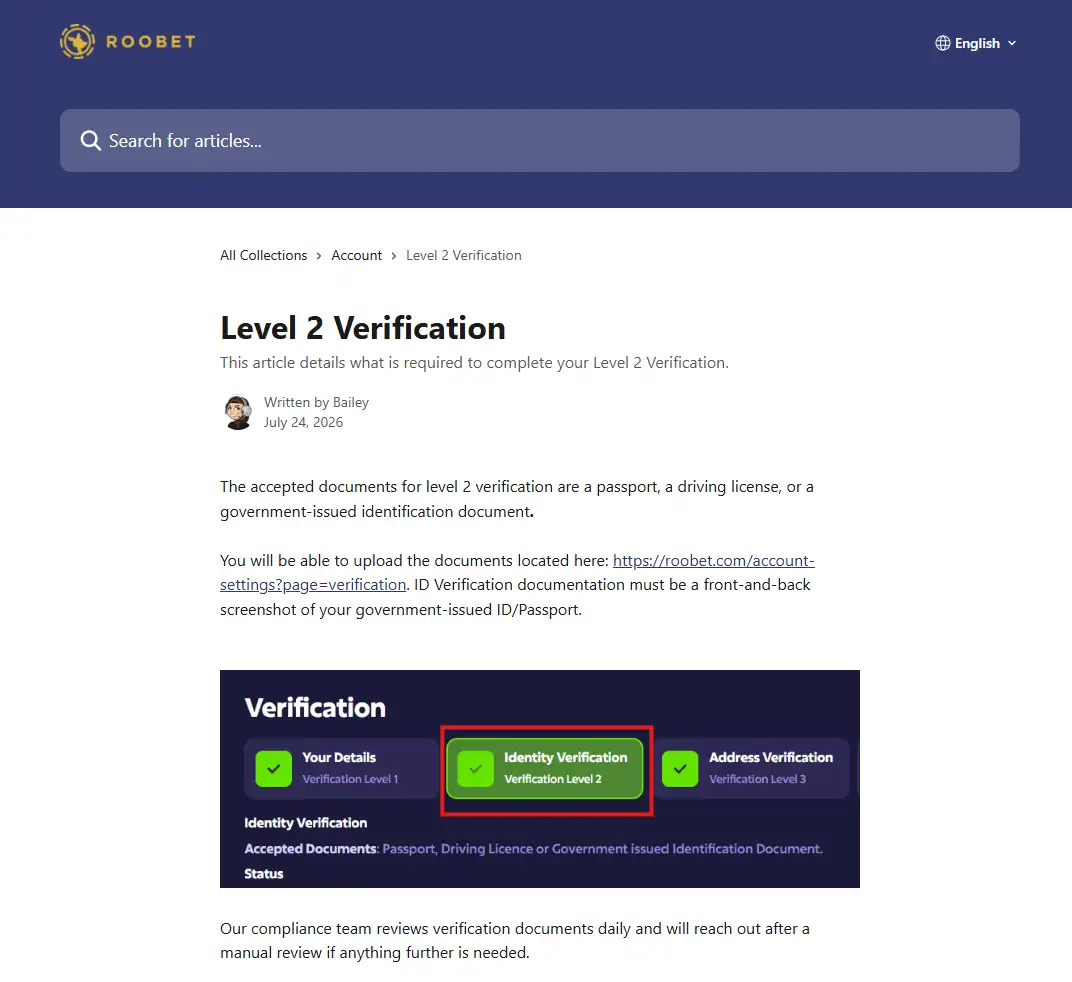Roobet Level 2 Verification help entry with identification document categories