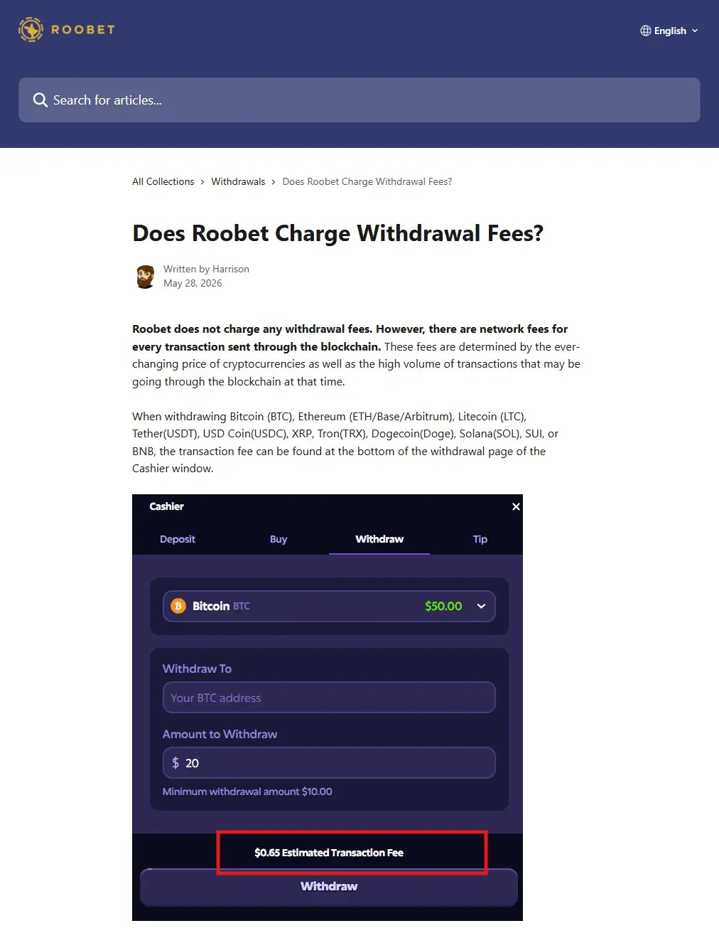 Roobet withdrawal-fee help entry describing network charges
