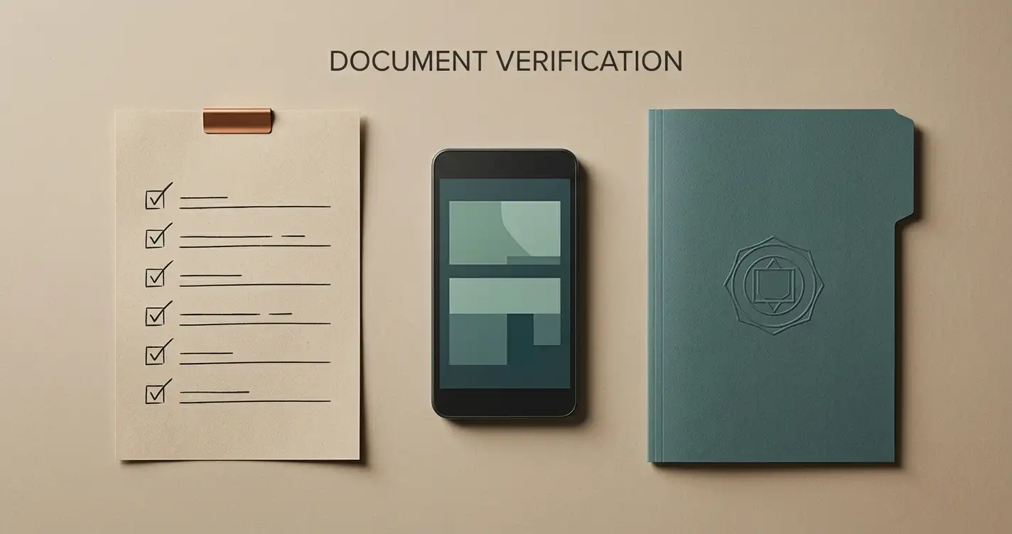 Documents and a mobile device next to distinct regulatory records