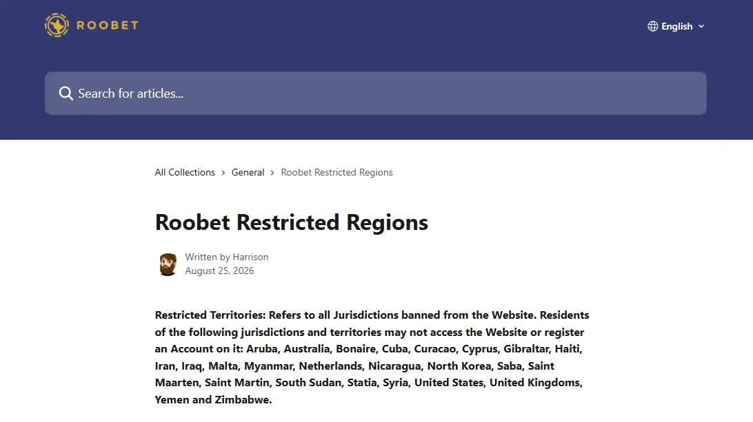 Roobet restricted-regions notice listing United Kingdoms