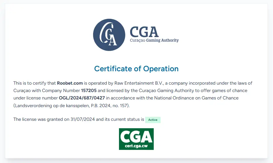 Curaçao Gaming Authority certificate for Raw Entertainment B.V.
